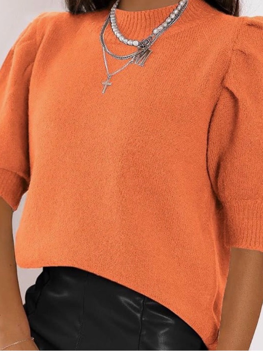Source Unknown Orange Puff Sleeve Crewneck Sweater